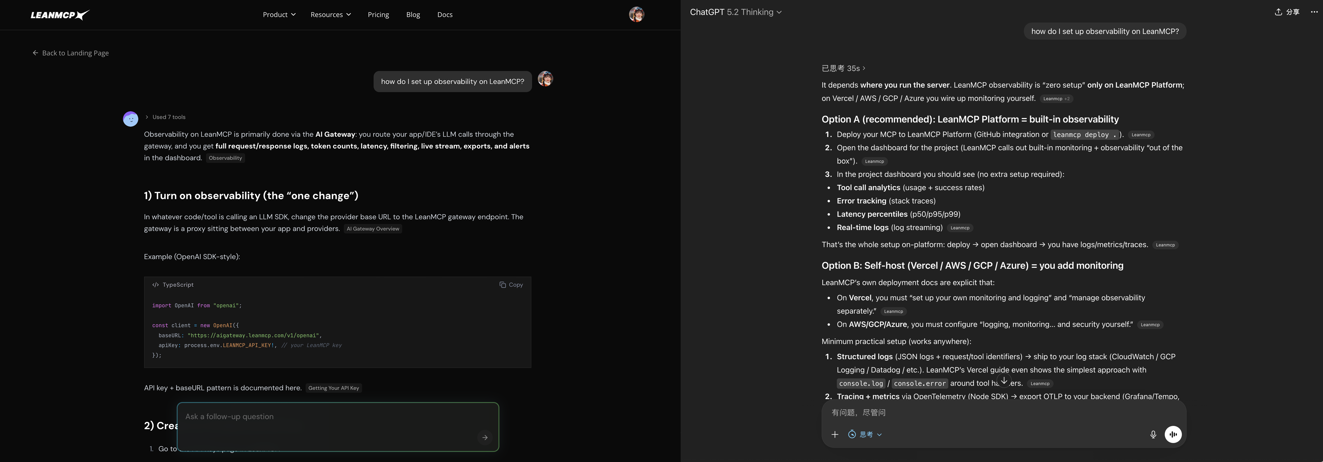 Side by side comparison of LeanMCP agent vs ChatGPT answering the observability question